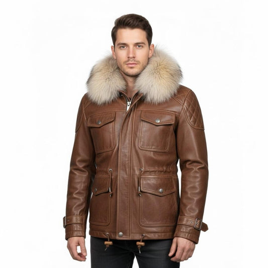 Men’s Leather Parka Jacket with Real Fox Fur Hood – Genuine Leather Winter Aviator Biker Coat