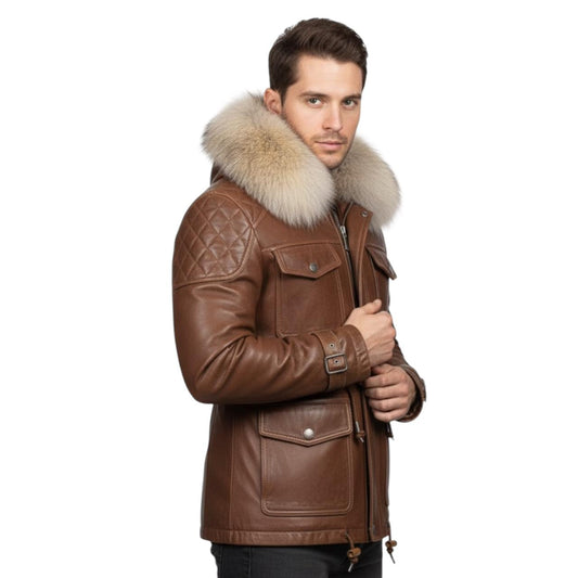 Men’s Leather Parka Jacket with Real Fox Fur Hood – Genuine Leather Winter Aviator Biker Coat