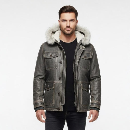 Men’s Leather Parka Jacket with Real Fox Fur Hood – Genuine Leather Winter Distressed Grey Coat