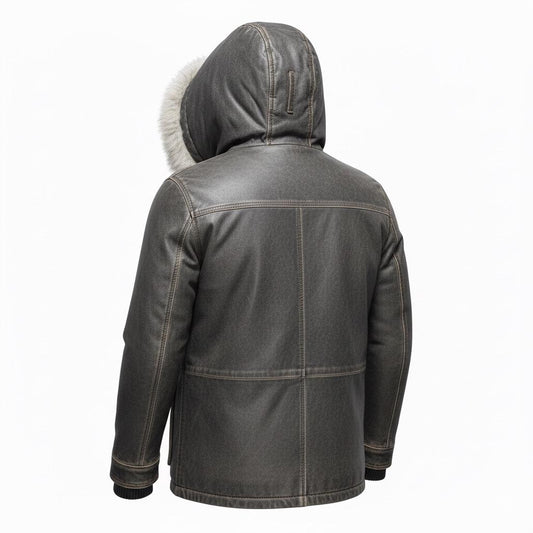 Men’s Leather Parka Jacket with Real Fox Fur Hood – Genuine Leather Winter Distressed Grey Coat