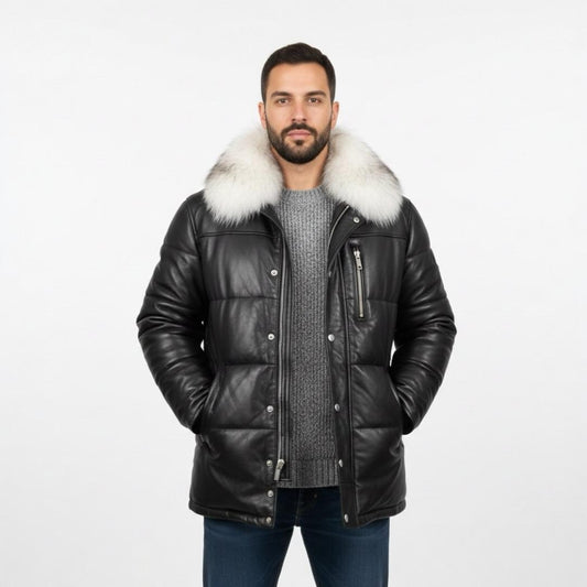 Luxury Leather Puffer Jacket Men – Real Fox Fur Collar Winter Parka