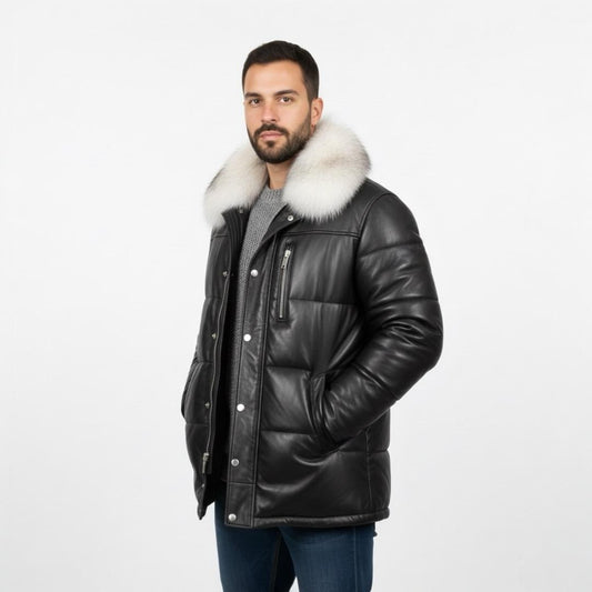 Luxury Leather Puffer Jacket Men – Real Fox Fur Collar Winter Parka