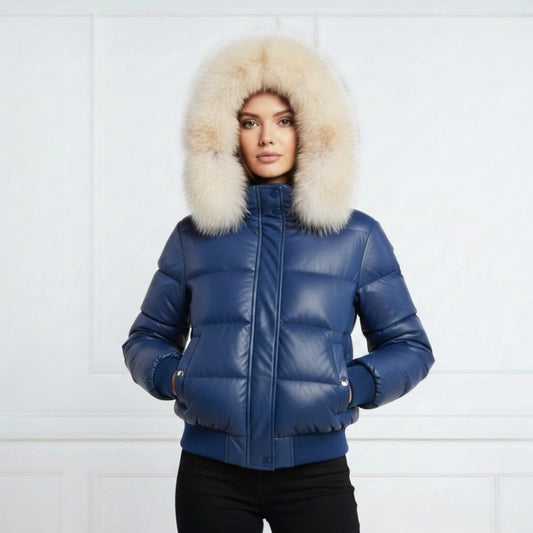 Women’s Blue Leather Puffer Jacket with Fox Fur Hood – Winter Bomber Parka Coat