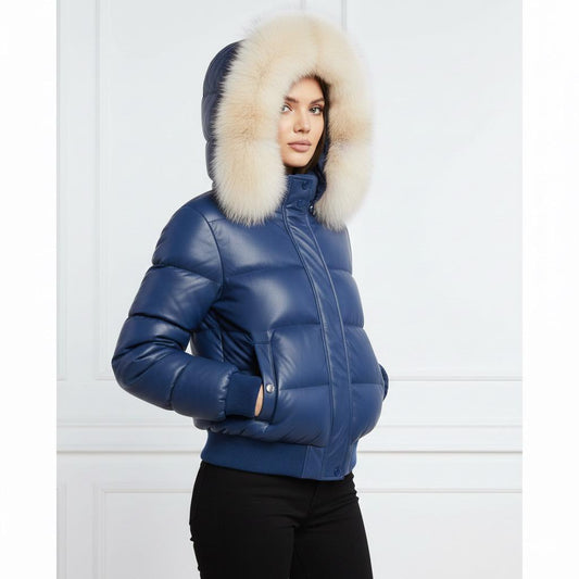 Women’s Blue Leather Puffer Jacket with Fox Fur Hood – Winter Bomber Parka Coat