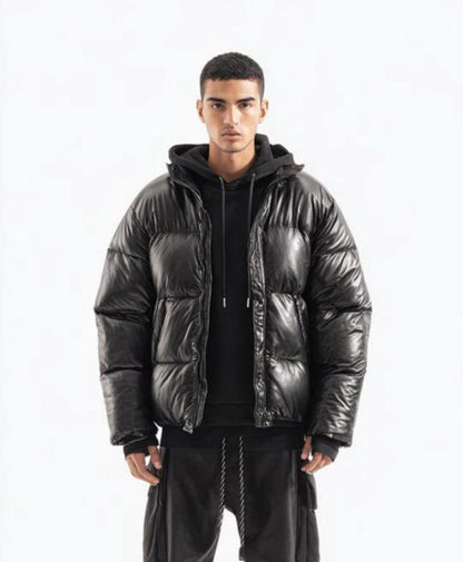 Men’s Black Lambskin Leather Bubble Oversized Jacket – Puffer Style Biker Streetwear Coat