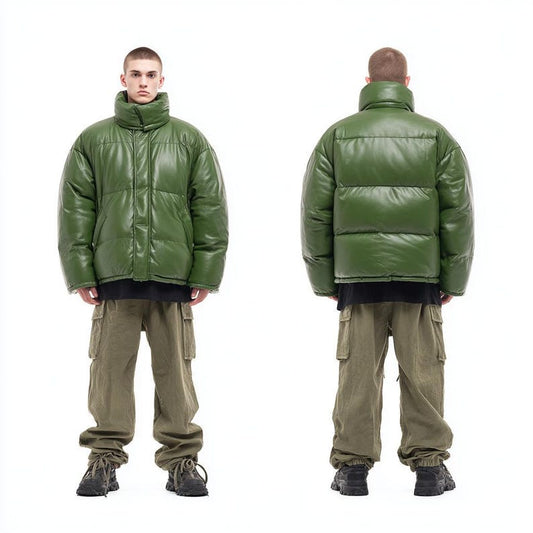 Men’s Green Leather Puffer Jacket | Oversized Quilted Bomber Coat | Genuine Leather Outerwear