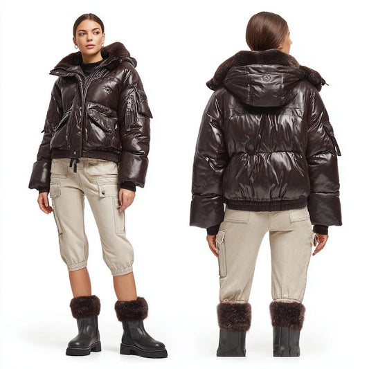 Brown Leather Puffer Jacket Women | Oversized Quilted Coat | Genuine Leather Winter Outerwear