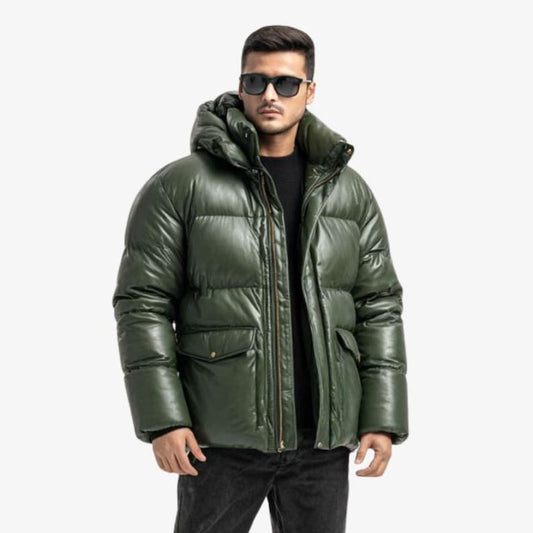 Men’s Green Leather Puffer Jacket | Real Leather Quilted Winter Coat | Hooded Bubble Jacket