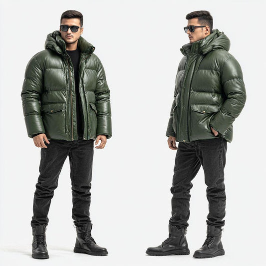 Men’s Green Leather Puffer Jacket | Real Leather Quilted Winter Coat | Hooded Bubble Jacket