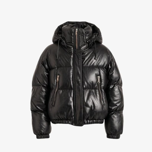 Men’s Black Leather Puffer Jacket | Real Leather Quilted Winter Coat | Hooded Bubble Outerwear