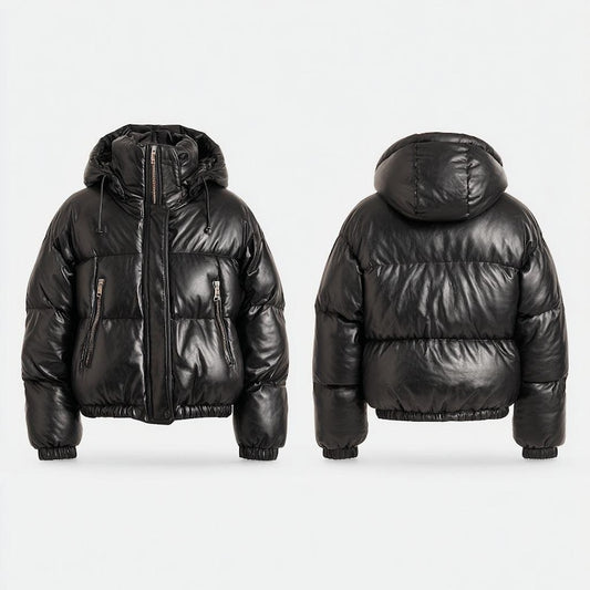 Men’s Black Leather Puffer Jacket | Real Leather Quilted Winter Coat | Hooded Bubble Outerwear