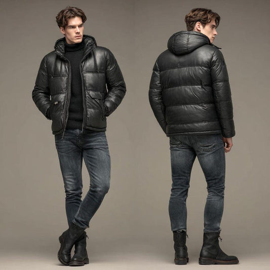 Men’s Quilted Black Leather Jacket | Real Leather Winter Puffer | Hooded Bubble Coat