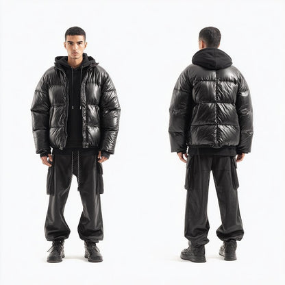 Men’s Black Lambskin Leather Bubble Oversized Jacket – Puffer Style Biker Streetwear Coat