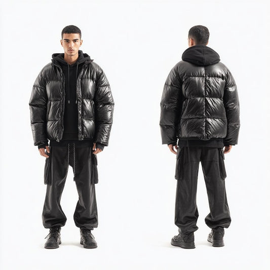 Men’s Black Lambskin Leather Bubble Oversized Jacket – Puffer Style Biker Streetwear Coat