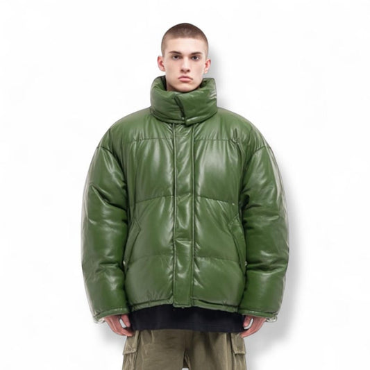 Men’s Green Leather Puffer Jacket | Oversized Quilted Bomber Coat | Genuine Leather Outerwear