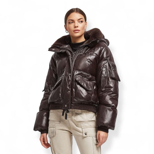 Brown Leather Puffer Jacket Women | Oversized Quilted Coat | Genuine Leather Winter Outerwear