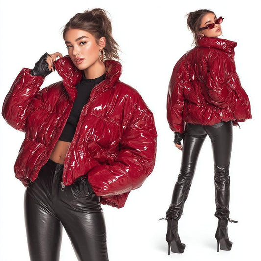 Women’s Shiny Red Puffer Jacket | Oversized Bubble Coat | Glossy Quilted Winter Outerwear | Trendy Streetwear Jacket