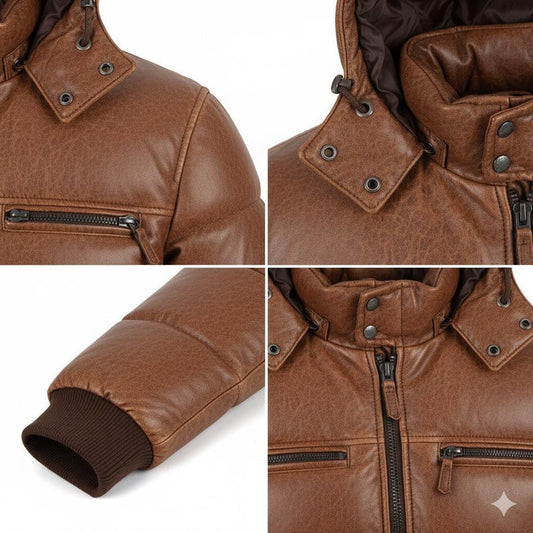 Unisex Brown Real Leather Puffer Jacket with Hood | Vintage Sheepskin Winter Coat | Warm Bomber Outerwear