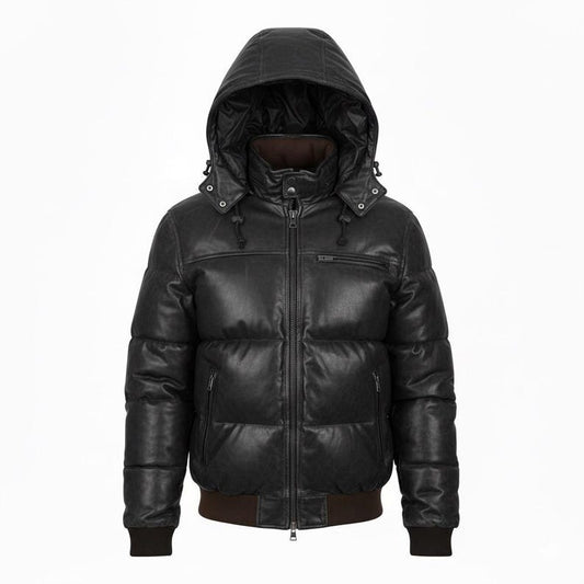 Unisex Black Real Leather Puffer Jacket with Hood | Vintage Sheepskin Winter Coat | Warm Bomber Outerwear