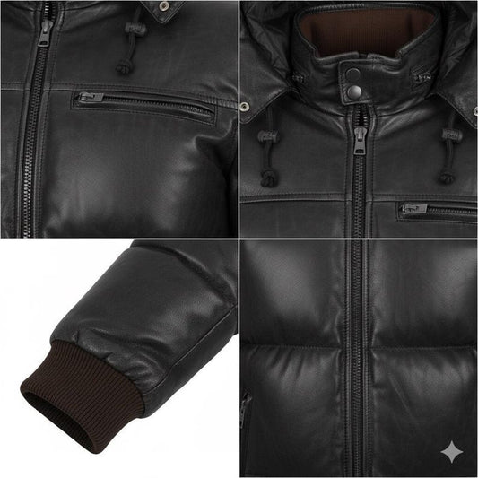 Unisex Black Real Leather Puffer Jacket with Hood | Vintage Sheepskin Winter Coat | Warm Bomber Outerwear