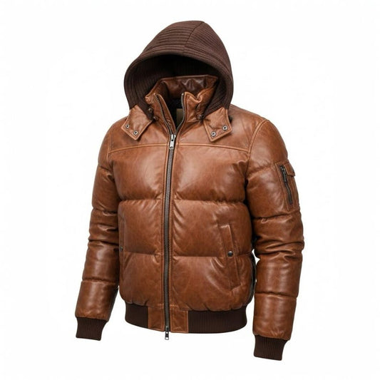 Men’s Brown Leather Puffer Jacket with Hood – Genuine Leather Quilted Winter Bomber, Warm Zip-Up Outerwear