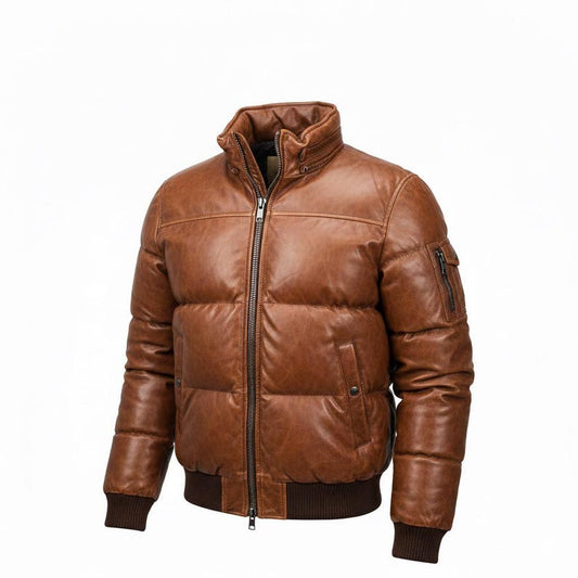 Men’s Brown Leather Puffer Jacket with Hood – Genuine Leather Quilted Winter Bomber, Warm Zip-Up Outerwear