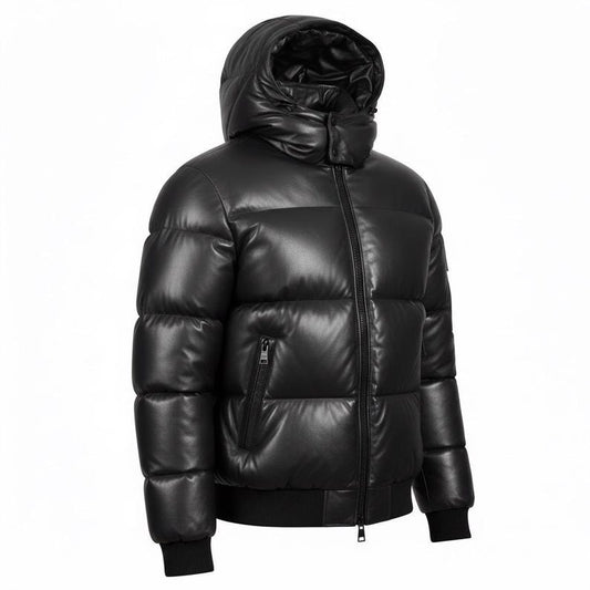 Men’s Black Leather Puffer Jacket with Hood – Genuine Leather Winter Bomber, Quilted Warm Zip-Up
