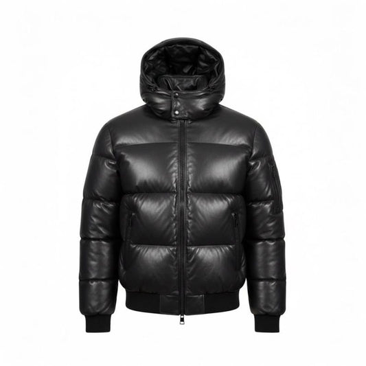 Men’s Black Leather Puffer Jacket with Hood – Genuine Leather Winter Bomber, Quilted Warm Zip-Up