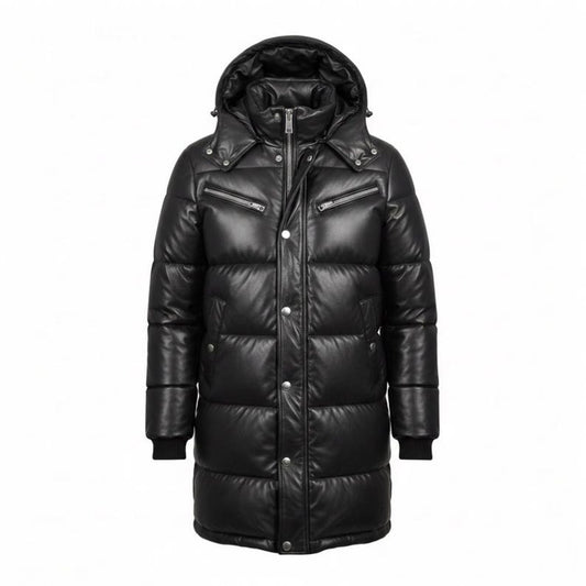 Men’s Black Leather Long Puffer Coat with Hood – Genuine Leather Winter Parka, Quilted Warm Outerwear