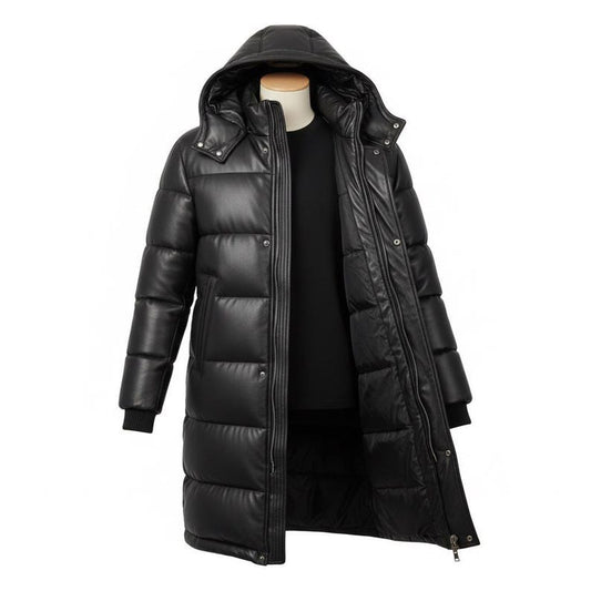 Men’s Black Leather Long Puffer Coat with Hood – Genuine Leather Winter Parka, Quilted Warm Outerwear