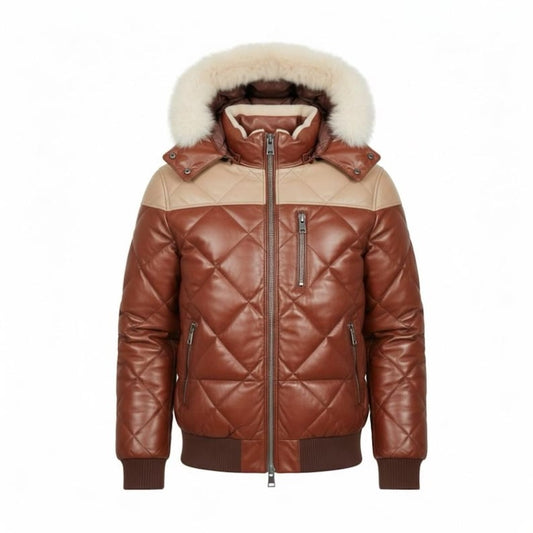 Men’s Brown Leather Quilted Jacket – Hooded Puffer Winter Coat with Faux Fur Trim